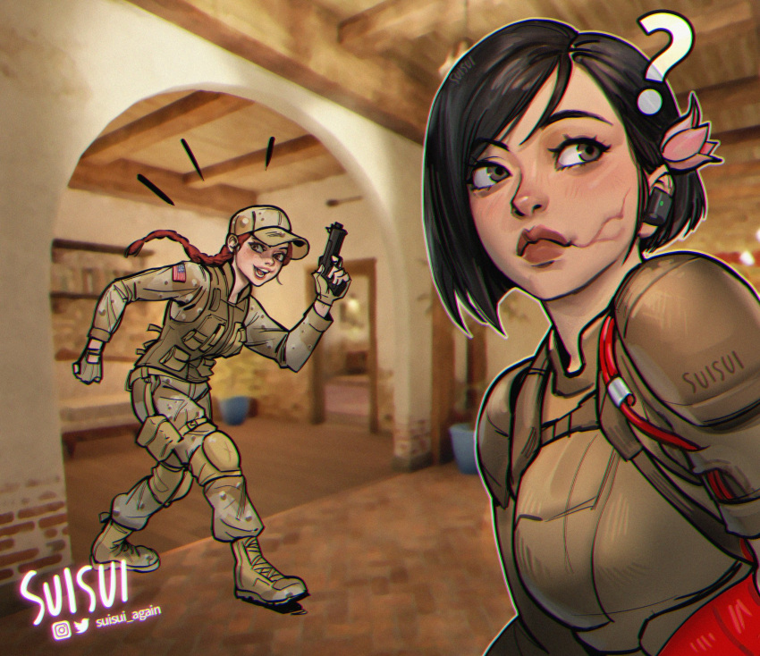 2girls, ?, american_flag, armor, artist_name, aruni_(rainbow_six_siege), ash_(rainbow_six_siege), asymmetrical_hair, baseball_cap, black_hair, blurry, blurry_background, body_armor, boots, braid, camouflage, camouflage_headwear, camouflage_jacket, camouflage_pants, camouflage_shirt, cherry, cherry_blossoms, commentary, earpiece, english_commentary, facing_viewer, food, fruit, full_body, gloves, gun, hat, highres, holding, holding_gun, holding_weapon, indoors, instagram_logo, jacket, knee_pads, light_blush, lips, lipstick, looking_to_the_side, makeup, multiple_girls, open_mouth, pants, rainbow_six_siege, red_hair, scar, scar_on_face, shirt, short_hair, shoulder_armor, signature, single_braid, suisui_again, tactical_clothes, tile_floor, tiles, twitter_logo, twitter_username, upper_body, walking, weapon