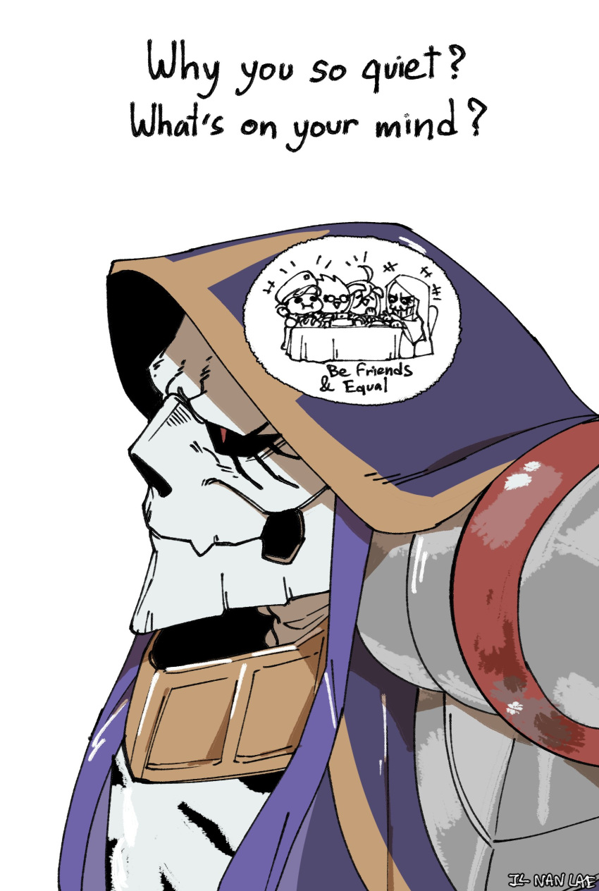 1girl, 1other, 2boys, absurdres, ainz_ooal_gown, albedo_(genshin_impact), artist_name, black_sclera, closed_mouth, colored_sclera, commentary, demiurge_(overlord), english_commentary, english_text, highres, hood, hood_up, male_focus, meme, multiple_boys, overlord_(maruyama), pandora's_actor, red_pupils, simple_background, skeleton, tialid, undead, white_background