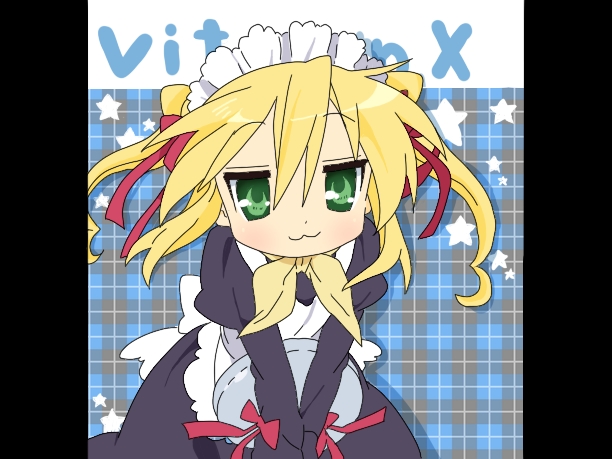 1boy, :3, apron, beni_oboro, black_dress, blonde_hair, commentary_request, copyright_name, dress, fuumonji_gorou, green_eyes, hair_ribbon, holding, holding_tray, juliet_sleeves, long_sleeves, looking_at_viewer, lucky_star, neckerchief, parody, puffy_sleeves, red_ribbon, ribbon, solo, style_parody, trap, tray, twintails, vitamin_x, white_apron, yellow_neckerchief