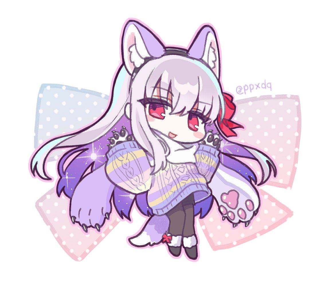 1girl, animal_ears, animal_hands, black_pantyhose, blush_stickers, bow, chibi, colored_inner_hair
