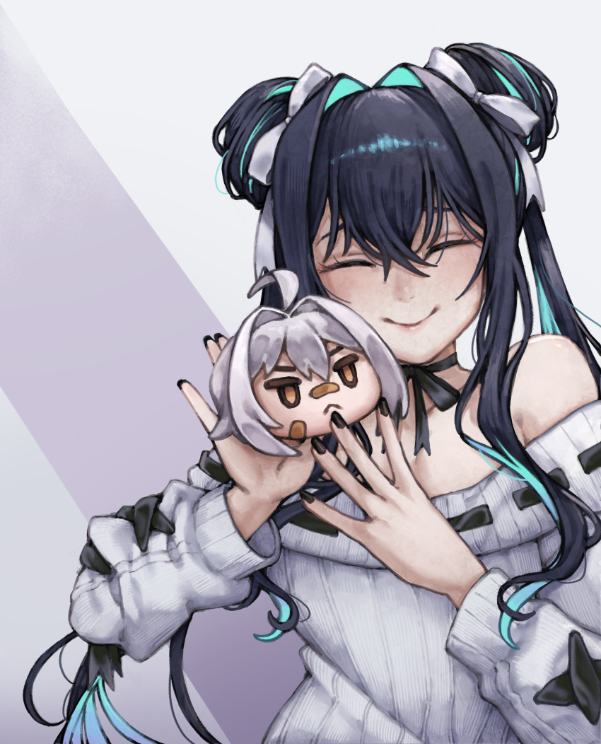 1girl, absurdres, aqua_hair, aqua_streaks, black_hair, black_nails, character_doll, closed_eyes