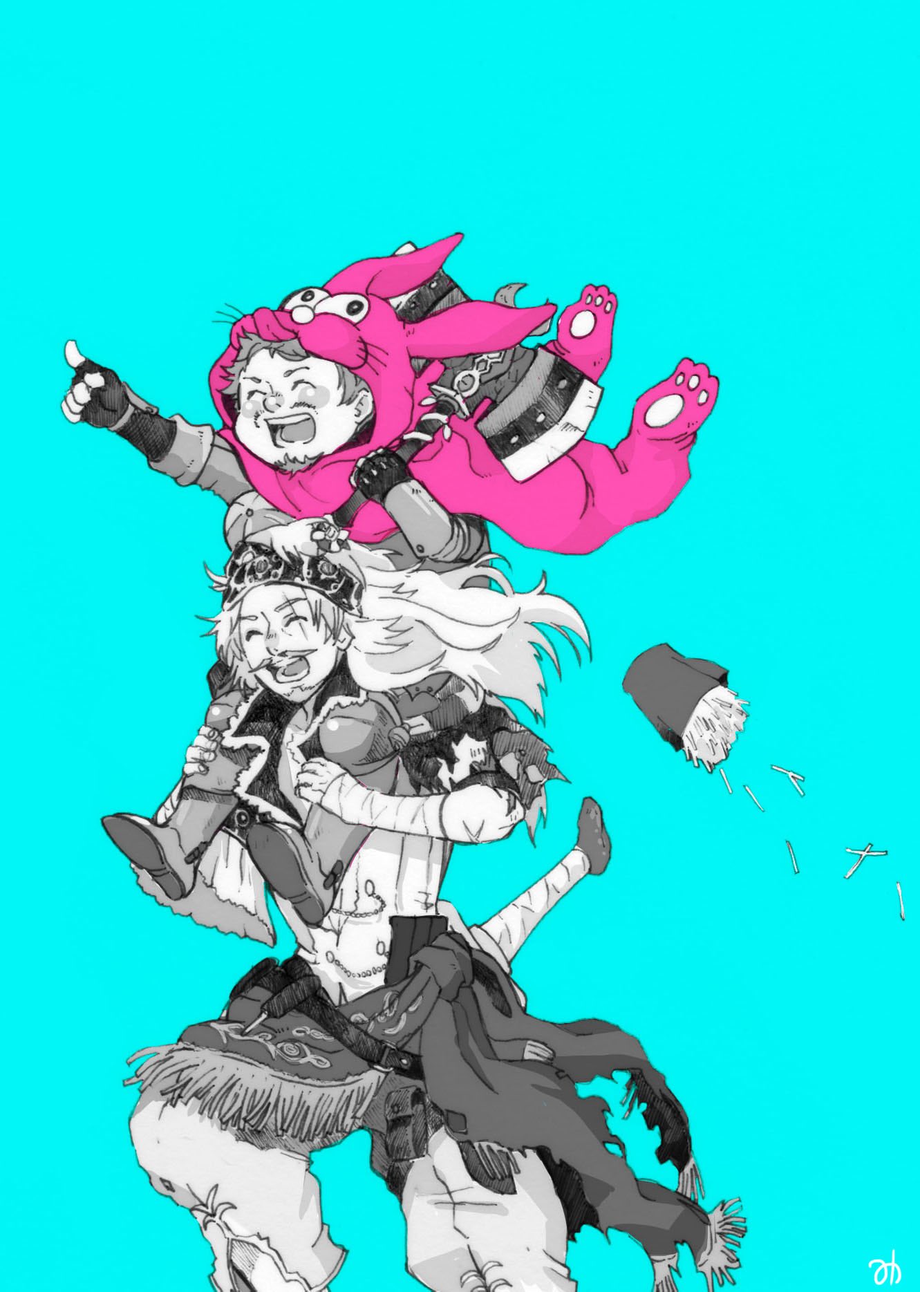 2boys, aqua_background, armor, bad_id, bad_pixiv_id, beard, boots, carrying, facial_hair, fingerless_gloves, food, french_fries, gloves, grimms_notes, hammer, highres, holding, holding_hammer, john_silver_(grimms_notes), john_silver_(original)_(grimms_notes), long_hair, male_focus, misoshiru_umai4, multiple_boys, mustache, old, old_man, open_mouth, piggyback, pointing, pointing_forward, running, sancho_panza_(grimms_notes), short_hair, simple_background, smile, spiky_hair, sword, teeth, tongue, weapon