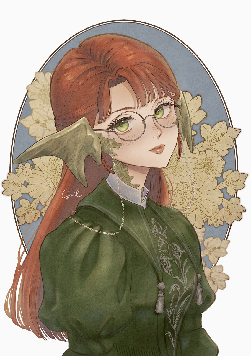 1girl, absurdres, au_ra, closed_mouth, commentary_request, cyril_v22, dragon_horns, dress, eyewear_strap, final_fantasy, final_fantasy_xiv, glasses, green_dress, green_eyes, green_scales, halmarut_(ff14), highres, horns, juliet_sleeves, long_hair, long_sleeves, looking_at_viewer, parted_bangs, puffy_sleeves, red_hair, round_eyewear, scales, simple_background