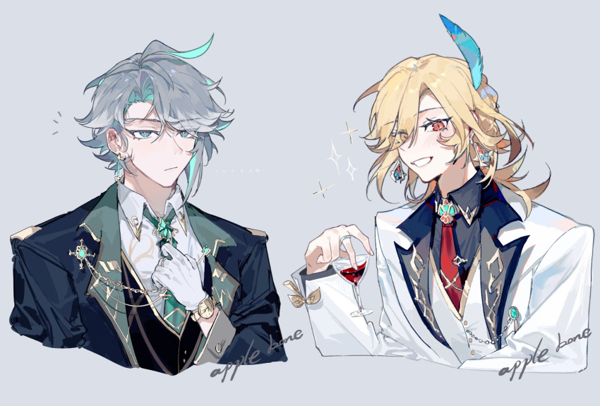 2boys, alcohol, alhaitham_(genshin_impact), antenna_hair, appleboneeee, artist_name, black_jacket, black_shirt
