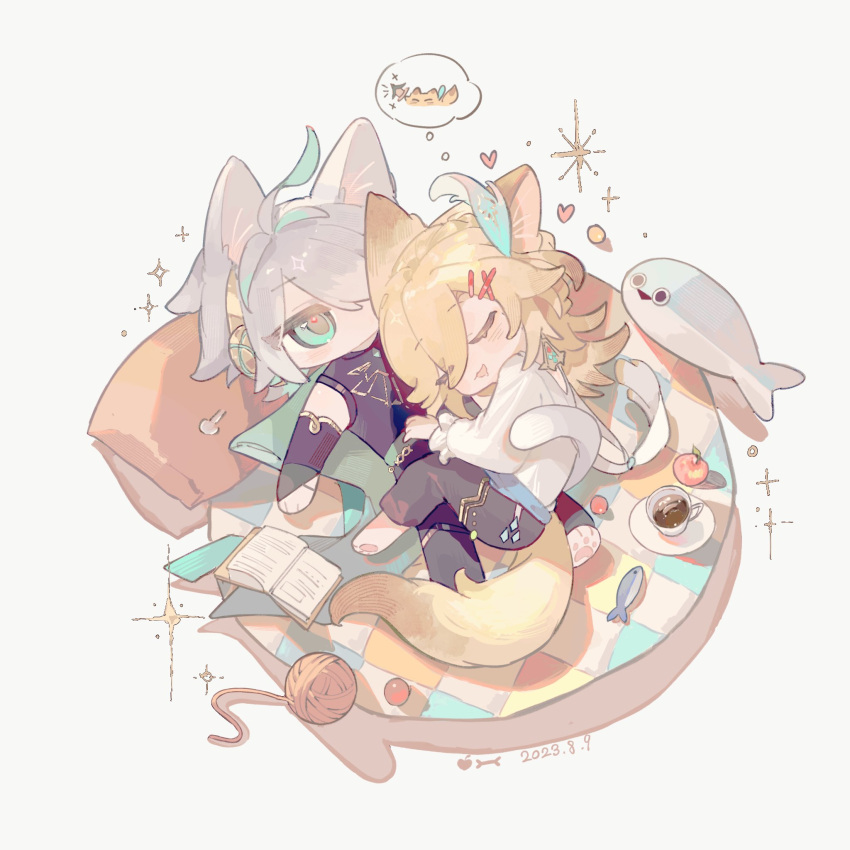 2boys, alhaitham_(genshin_impact), animal_ear_fluff, animal_ears, antenna_hair, apple, appleboneeee, ball, black_gloves, black_pants, black_shirt, blanket, blonde_hair, blue_sash, blush, book, cat_boy, cat_ears, cat_tail, chibi, closed_eyes, coffee, coffee_mug, commentary, cup, dated, dreaming, earrings, elbow_gloves, feather_hair_ornament, feathers, fish, food, fruit, genshin_impact, gloves, gold_earrings, green_eyes, green_hair, green_sash, grey_hair, hair_between_eyes, hair_ornament, hair_over_one_eye, headphones, heart, highres, jewelry, kaveh_(genshin_impact), long_hair, long_sleeves, lying, lying_on_person, male_focus, mug, multicolored_hair, multiple_boys, on_back, on_side, one_eye_covered, open_book, open_mouth, pants, parted_bangs, partially_fingerless_gloves, pawpads, pillow, sacabambaspis, sash, saucer, shirt, short_hair, simple_background, sleeping, sleeveless, sleeveless_shirt, smile, sparkle, speech_bubble, tail, thought_bubble, white_background, white_shirt, x_hair_ornament, yarn, yarn_ball