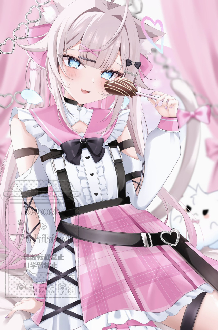1girl, ahoge, amagami_amane_(vtuber), animal_ears, blue_eyes, cat_ears, cat_girl, chocolate, clothing_cutout, commentary_request, commission, detached_sleeves, food, frilled_skirt, frills, hair_intakes, hair_ornament, hair_ribbon, heart, heart-shaped_pupils, highres, holding, holding_chocolate, holding_food, indie_virtual_youtuber, komor_yuki, long_hair, long_sleeves, looking_at_viewer, parted_lips, pink_hair, pink_ribbon, pink_sailor_collar, pink_skirt, plaid_clothes, plaid_skirt, ribbon, sailor_collar, second-party_source, shirt, skirt, sleeveless, sleeveless_shirt, solo, sweatdrop, symbol-shaped_pupils, twintails, virtual_youtuber, watermark, white_shirt, white_sleeves, x_hair_ornament