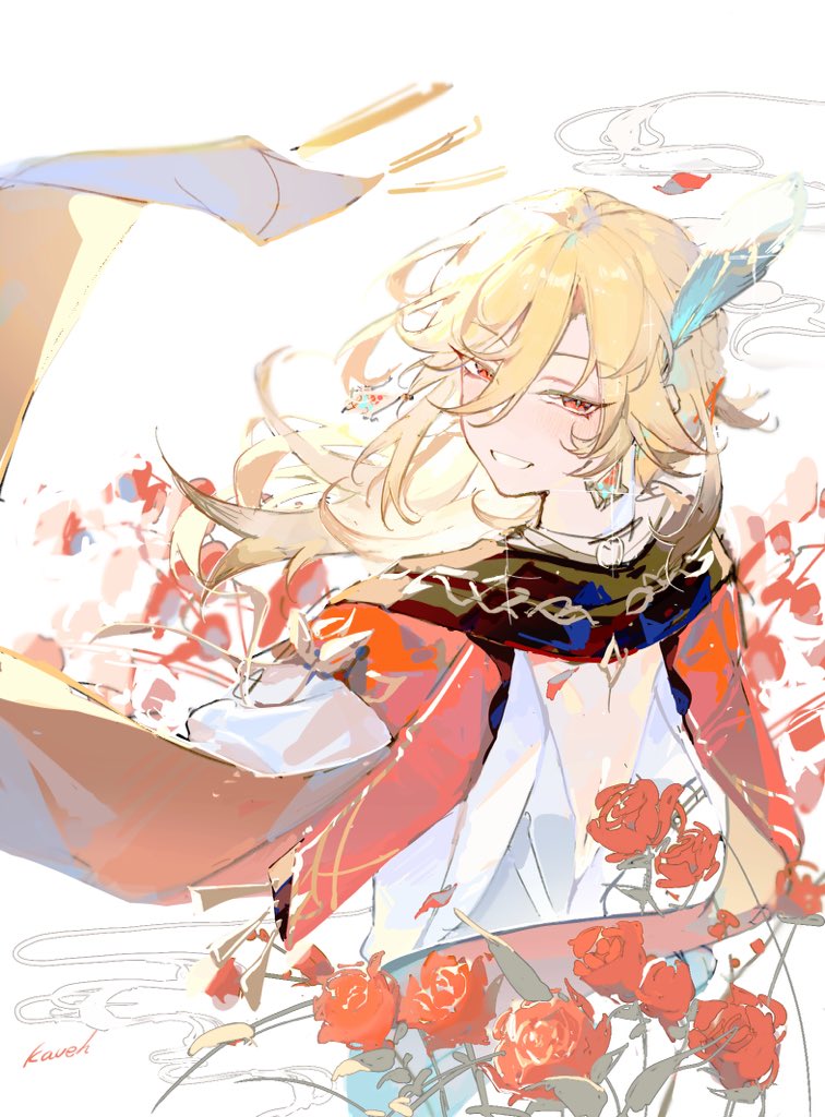 1boy, appleboneeee, back_cutout, blonde_hair, blush, braid, cape, character_name