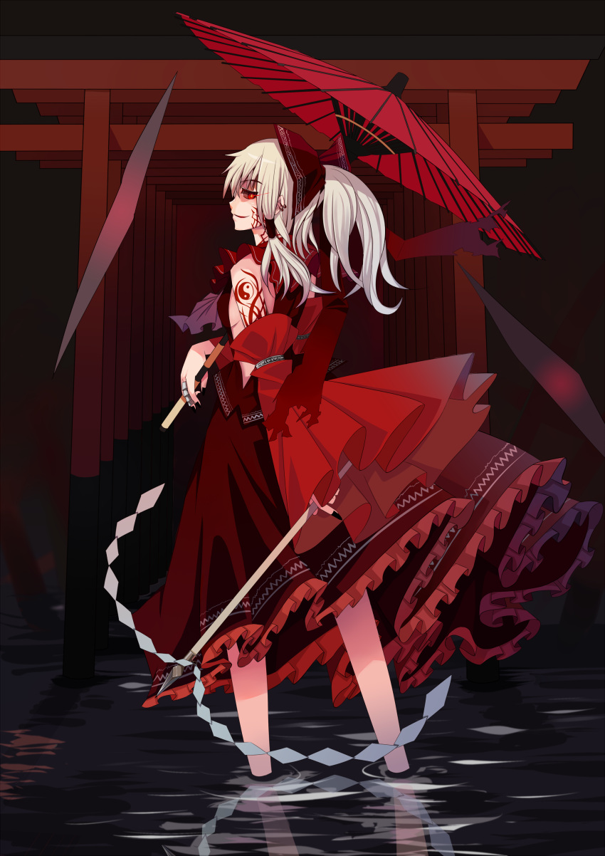 absurdres, alternate_hair_color, black_sclera, bow, breasts, chaos1402, detached_sleeves, earrings