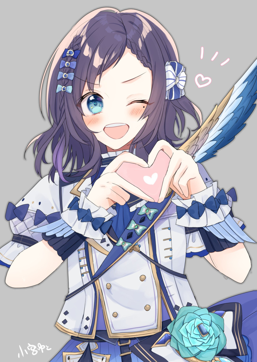 1girl, ;d, aiba_uiha, blue_bow, blue_eyes, blue_flower, bow, braid