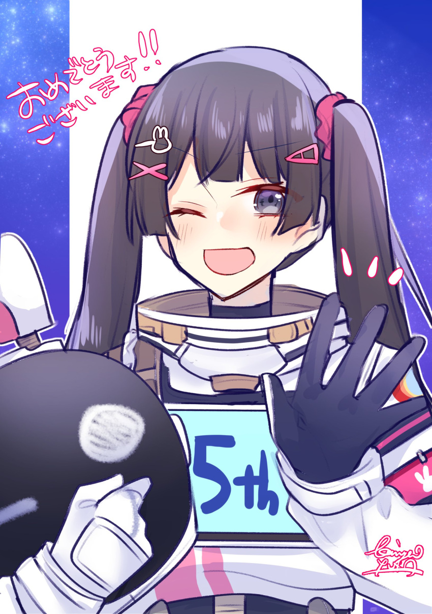 !, !!, ;d, anniversary, astronaut, black_gloves, blue_background, brown_hair, commentary_request, gloves, grey_eyes, hair_ornament, hairclip, helmet, highres, holding, holding_unworn_helmet, long_hair, nijisanji, one_eye_closed, pale_skin, rabbit_hair_ornament, sakura_yuto, signature, smile, space_helmet, straight_hair, translation_request, tsukino_mito, twintails, unworn_headwear, unworn_helmet, upper_body, waving, white_gloves, x_hair_ornament