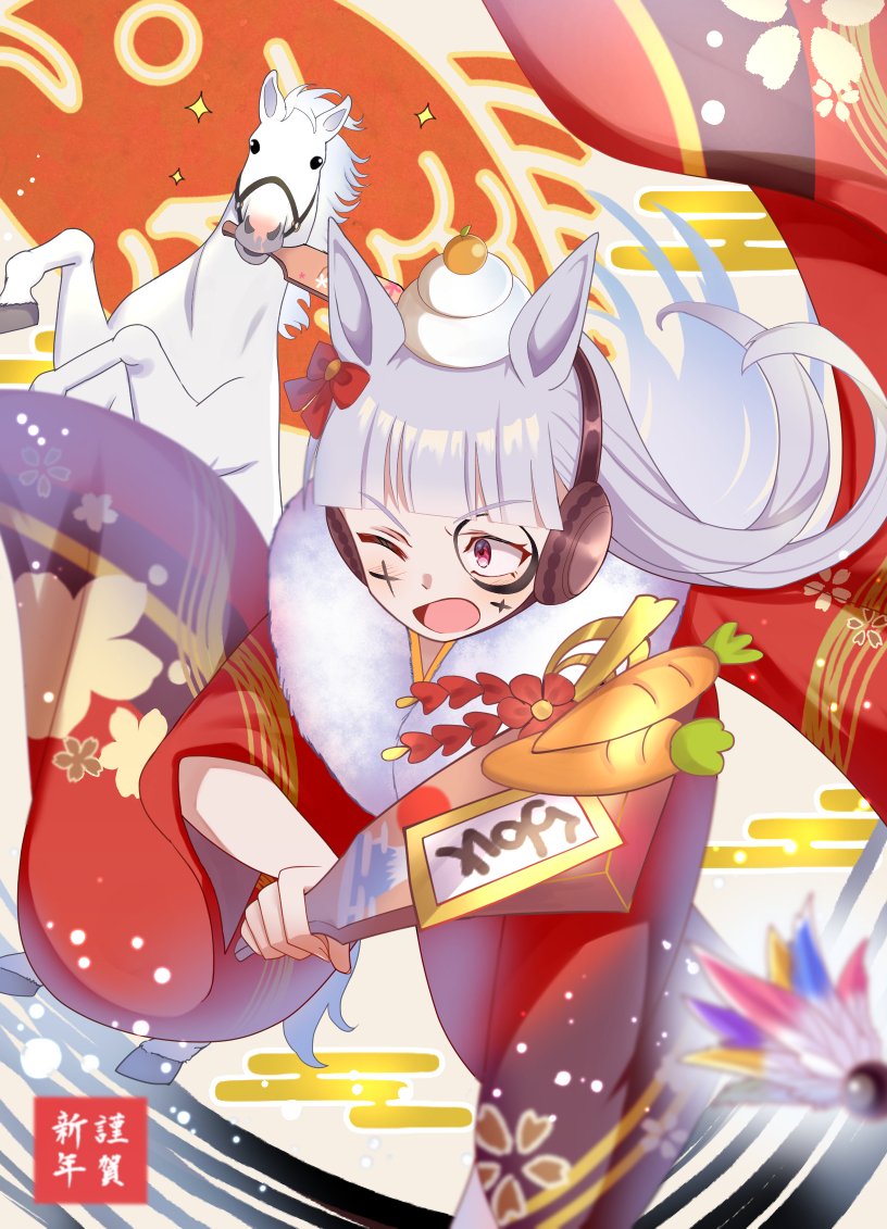 1girl, animal_ears, blunt_bangs, blush, bow, carrot, commentary_request, creature_and_personification