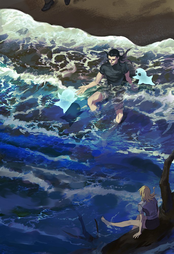 1boy, 1girl, 3others, aleph_(megami_tensei), barefoot, black_hair, black_shirt, commentary_request