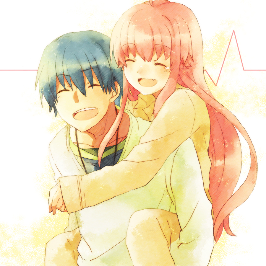 1boy, 1girl, angel_beats!, bad_id, blue_hair, carrying, closed_eyes, fang