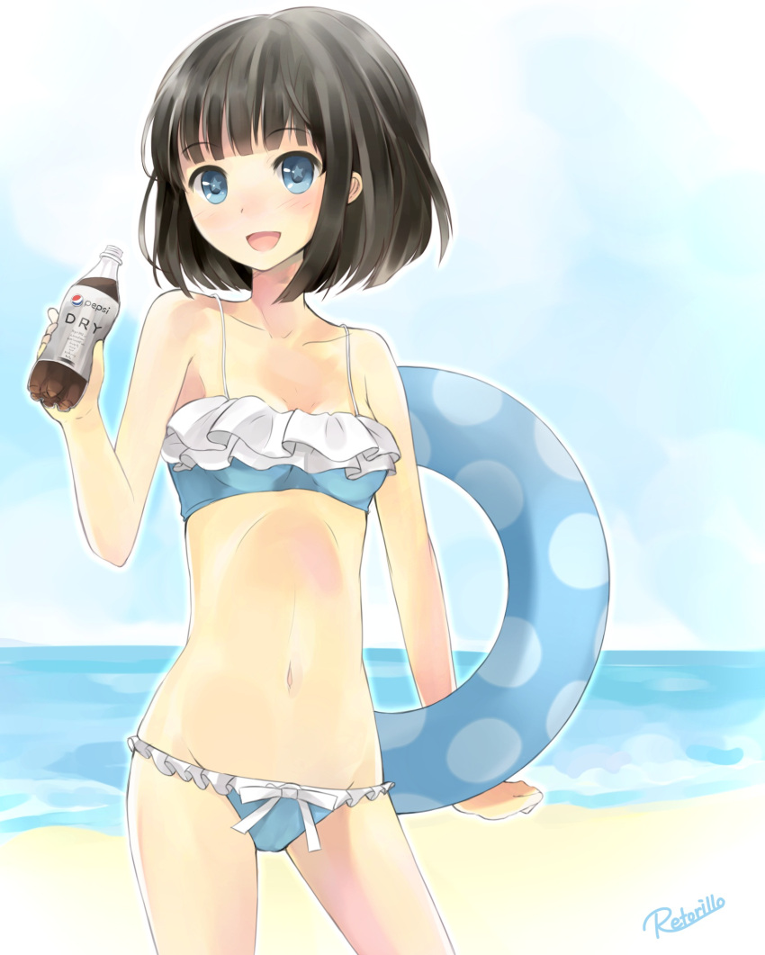 black_hair, blue_eyes, bottle, frills, highres, innertube, original, pepsi