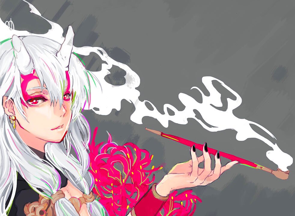 1boy, bad_id, bad_pixiv_id, black_nails, broken_horns, earrings, fingernails, grey_background, grey_hair, grimms_notes, hair_between_eyes, hand_up, holding, holding_smoking_pipe, jewelry, long_hair, looking_at_viewer, male_focus, misoshiru_umai4, parted_lips, red_eyes, red_tattoo, shuten_douji_(grimms_notes), smoke, smoking_pipe, solo, upper_body