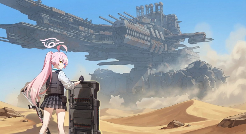 1girl, armored_core, armored_core:_for_answer, black_vest, blue_archive, crossover, desert, gun