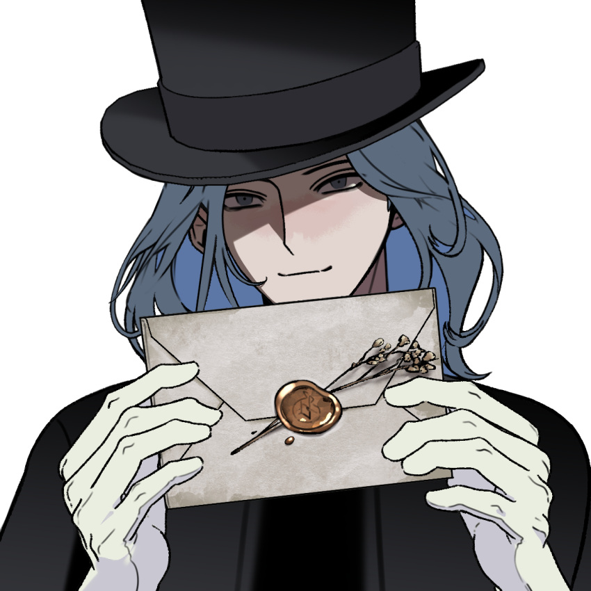 1boy, black_hat, blue_eyes, blue_hair, closed_mouth, envelope, giangio_(lies_of_p), gloves, hat, hexermer, highres, holding, holding_envelope, lies_of_p, male_focus, medium_hair, shaded_face, simple_background, solo, top_hat, upper_body, white_background, white_gloves
