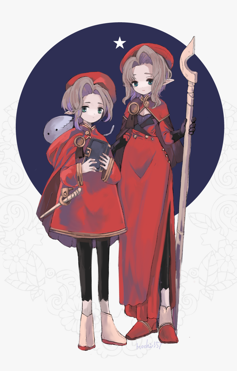 2girls, animal_on_shoulder, black_gloves, book, brown_hair, cape, elf, gloves