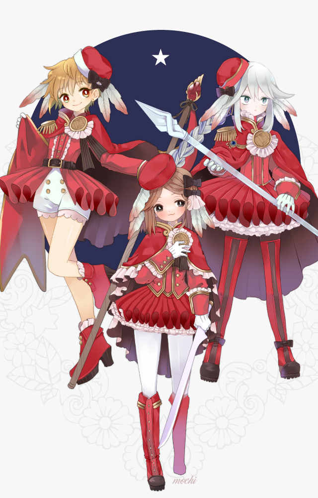 3girls, belt, black_bow, boots, bow, braid, brown_hair, dress