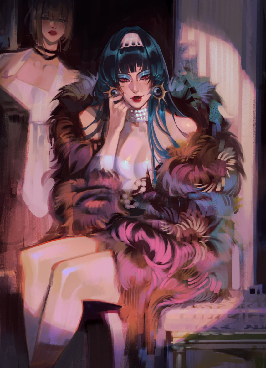 2girls, astra_yao, earrings, evelyn_chevalier, fur_collar, hairband, highres, jewelry