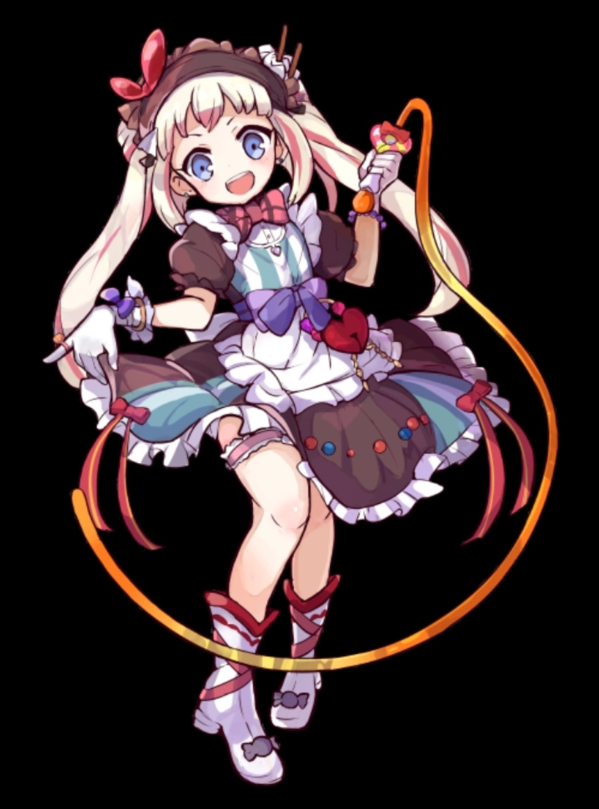 1girl, :d, black_background, black_dress, black_hairband, boots, bow, bowtie