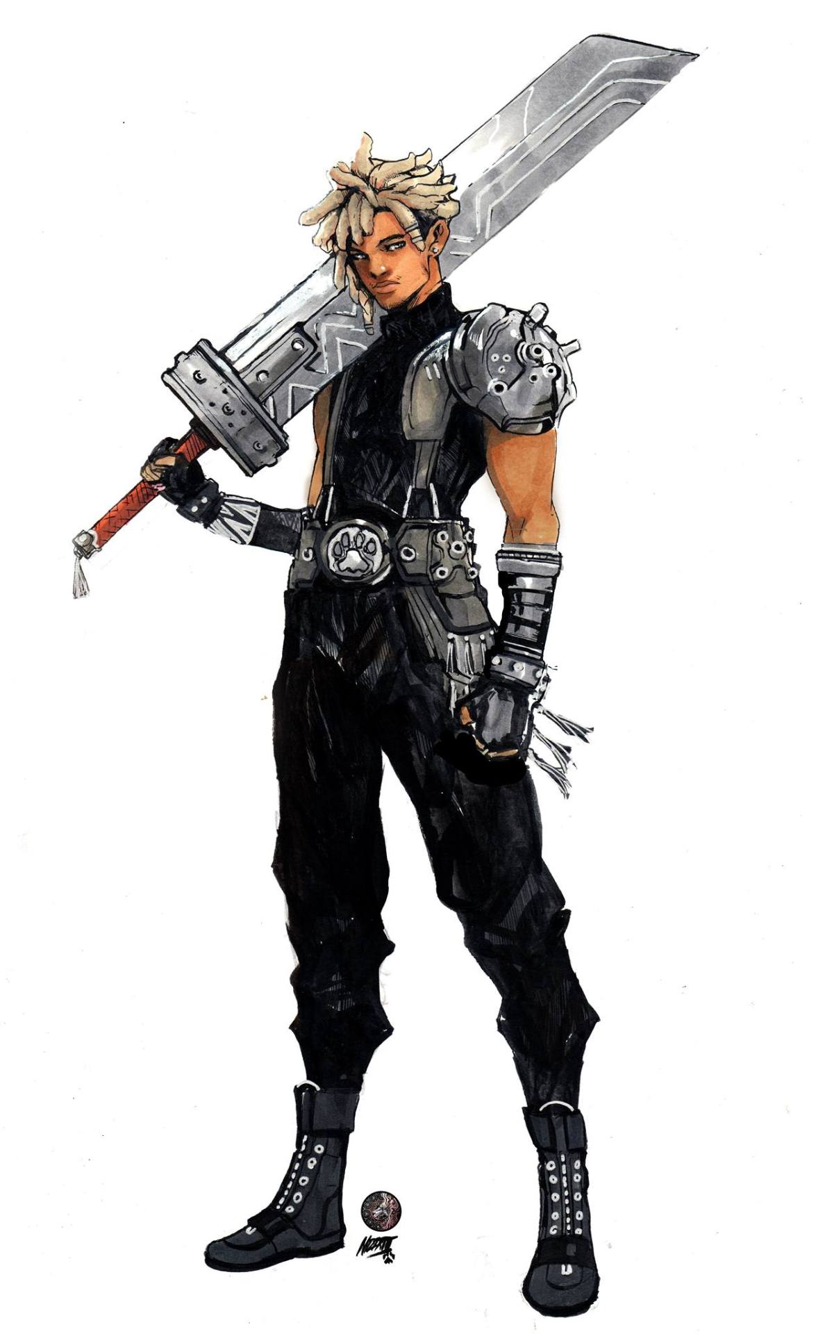 1boy, alternate_skin_color, armor, beard_stubble, black_boots, black_gloves, black_pants, black_sweater