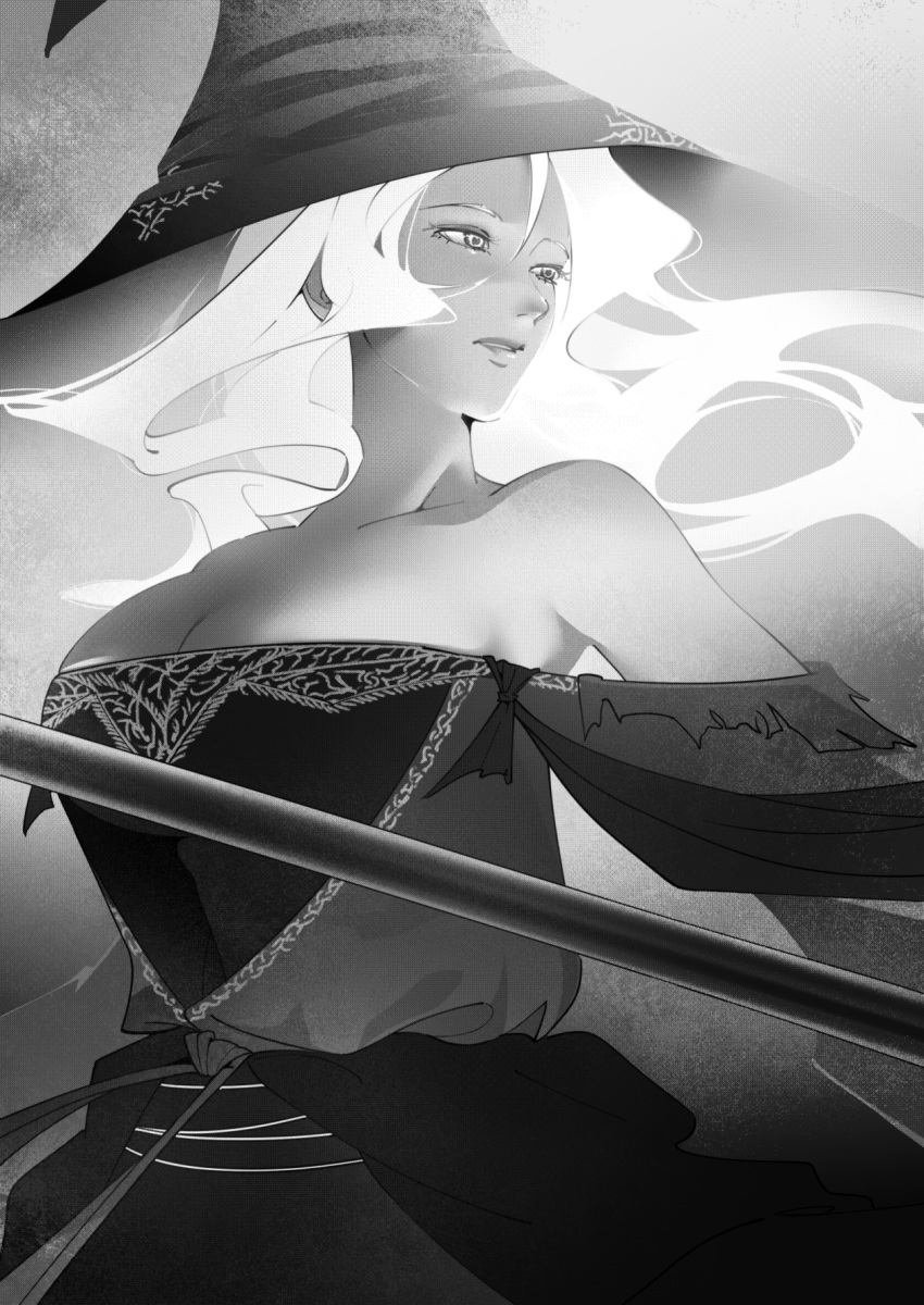 1girl, attack_azarashi, bare_shoulders, black_skin, breasts, collarbone, colored_skin, dark_skin, elden_ring, elden_ring_nightreign, grey_background, grey_eyes, greyscale, highres, large_breasts, large_hat, long_hair, mage_staff, monochrome, parted_lips, recluse_(elden_ring), simple_background, solo, staff, upper_body, very_dark_skin, white_hair, witch