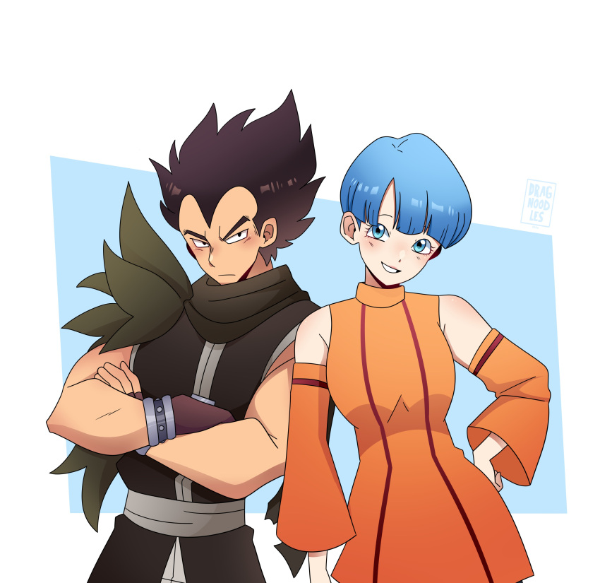 1boy, 1girl, absurdres, black_hair, blue_eyes, blue_hair, borrowed_clothes, bulma, cosplay, couple, dragnoodles, dragon_ball, dragon_ball_z, dress, fairy_tail, gajeel_redfox, highres, husband_and_wife, levy_mcgarden, short_hair, spiky_hair, vegeta