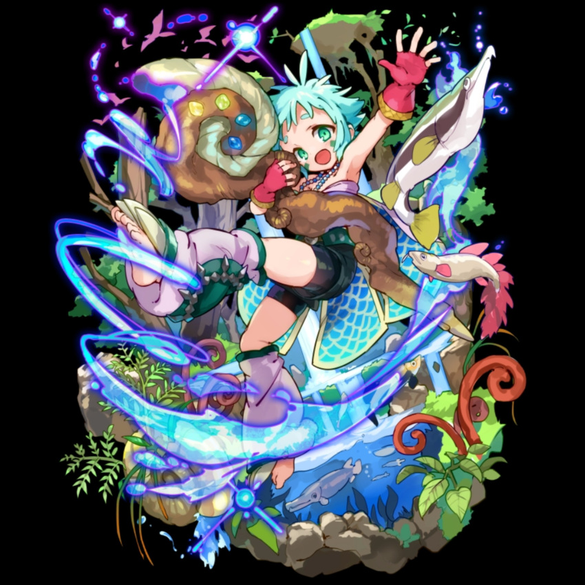 1girl, :d, ahoge, aqua_eyes, aqua_hair, armpits, barefoot, bike_shorts, bike_shorts_under_shorts, black_background, child, fingerless_gloves, fish, full_body, gloves, glowing, grass, grey_shorts, highres, holding, holding_staff, ivy, jewelry, leaf, leg_warmers, merc_storia, merc_storia_art_team, mona_(merc_storia), nature, necklace, official_art, open_hand, open_mouth, outstretched_arm, pink_gloves, short_hair, shorts, sidelocks, simple_background, smile, solo, spread_fingers, staff, standing, strapless, tachi-e, tareme, thick_eyebrows, thighs, tree, water, waving