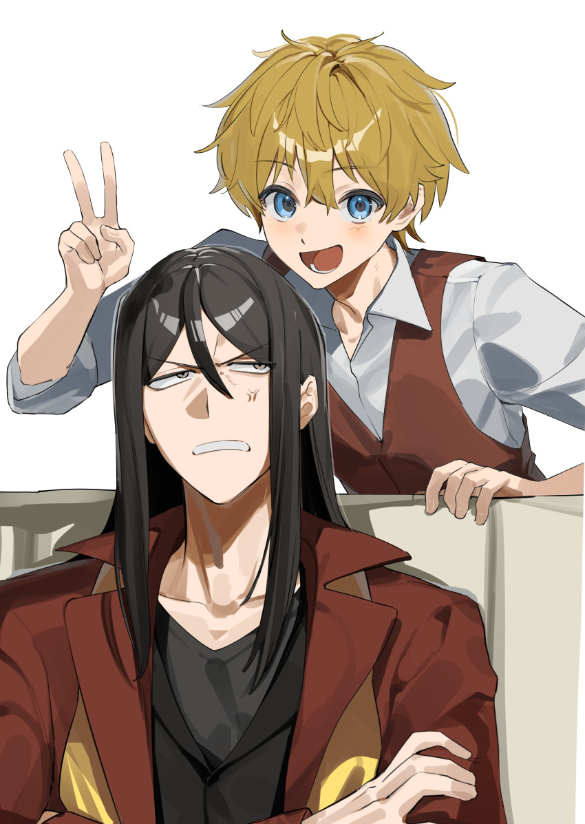 2boys, :d, absurdres, anger_vein, black_hair, black_shirt, black_vest, blonde_hair