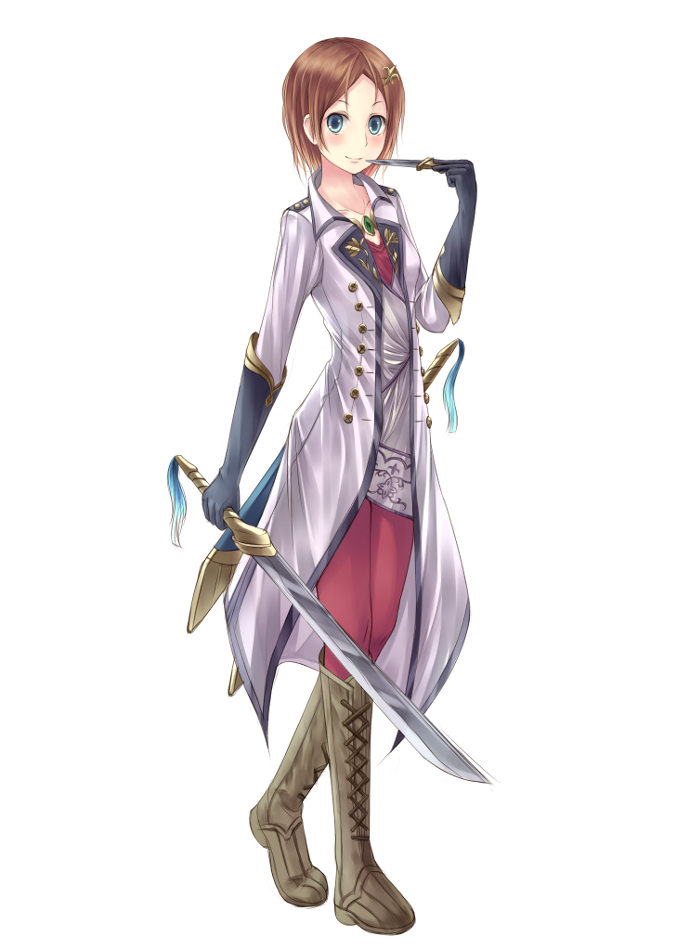 atelier, atelier_meruru, bad_id, black_gloves, blue_eyes, boots, brown_hair, coat, cross-laced_footwear, dagger, dual_wielding, estiy_erhard, esty_erhard, gloves, gust, hair_ornament, hairpin, jewelry, kino_(kino_buro), lace-up_boots, pantyhose, pendant, red_legwear, short_hair, smile, solo, sword, weapon