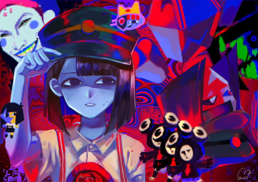 1boy, 5girls, black_hair, blue_skin, blunt_bangs, blunt_ends, bob_cut, chibi