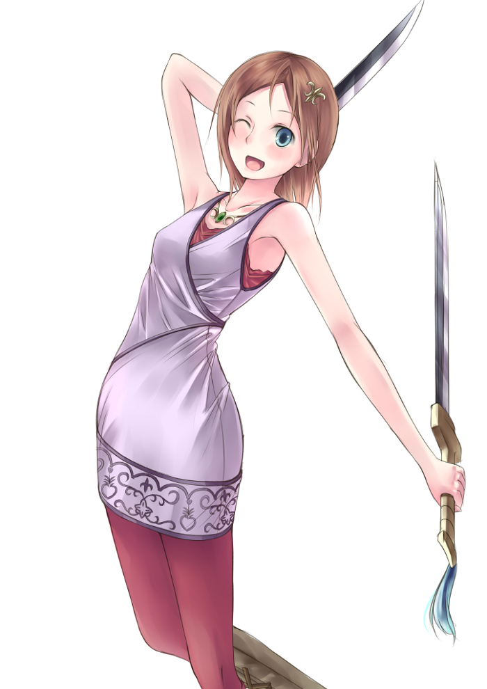 atelier, atelier_(series), atelier_meruru, bad_id, blue_eyes, brown_hair, dual_wielding, estiy_erhard, esty_erhard, gust, hair_ornament, hairpin, jewelry, kino_(kino_buro), necklace, open_mouth, pantyhose, red_legwear, short_hair, smile, solo, sword, weapon, wink