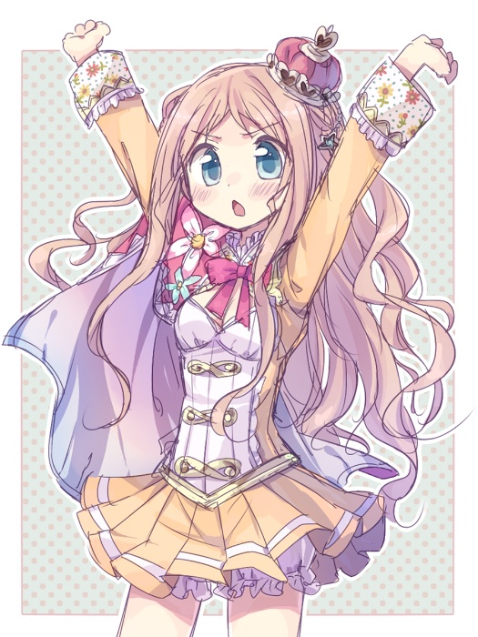 aqua_eyes, arms_up, atelier, atelier_(series), atelier_meruru, blonde_hair, blush, bow