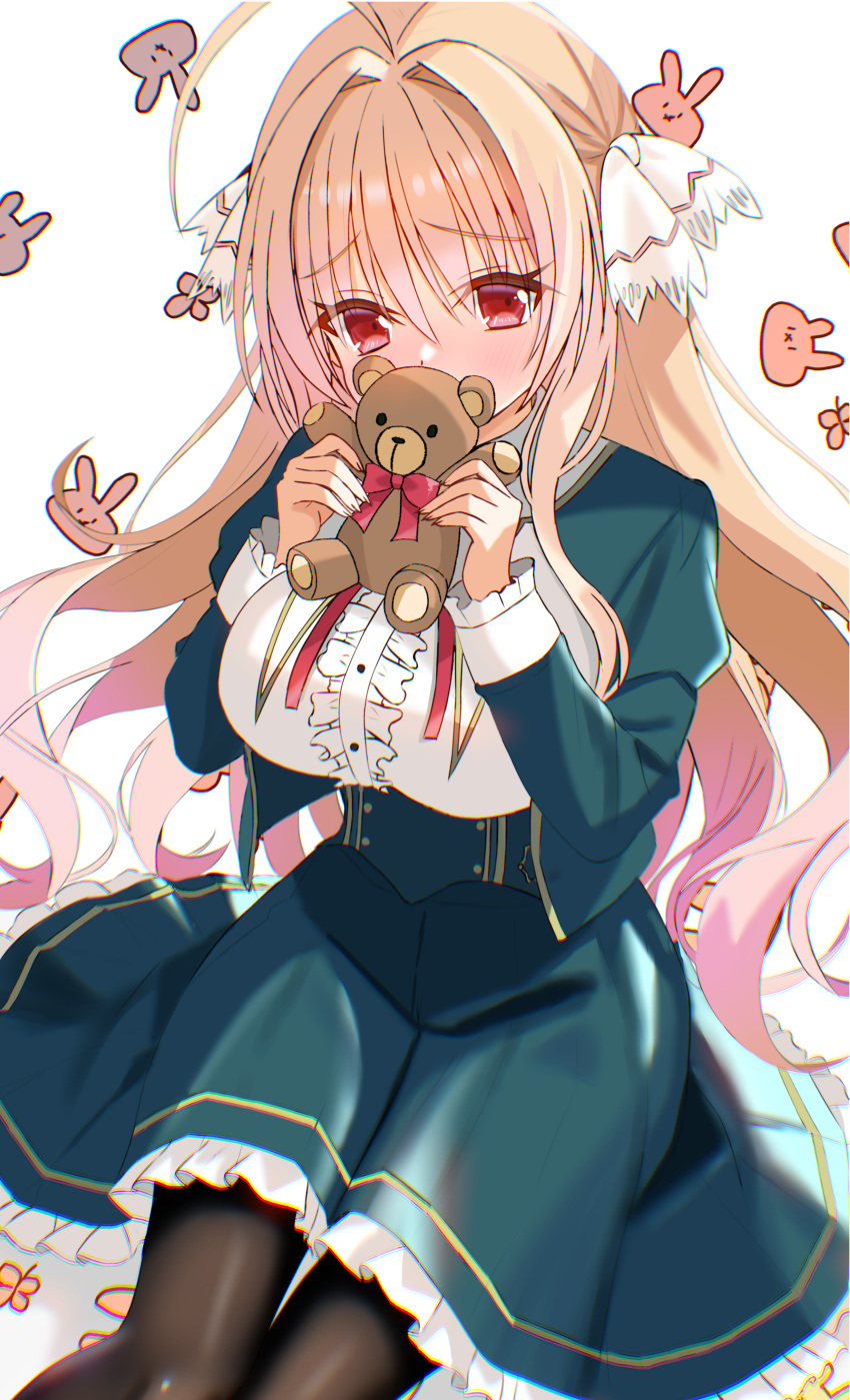 1girl, absurdres, ahoge, alicetia_wallenberg_kezouji, black_pantyhose, blonde_hair, blush, bow