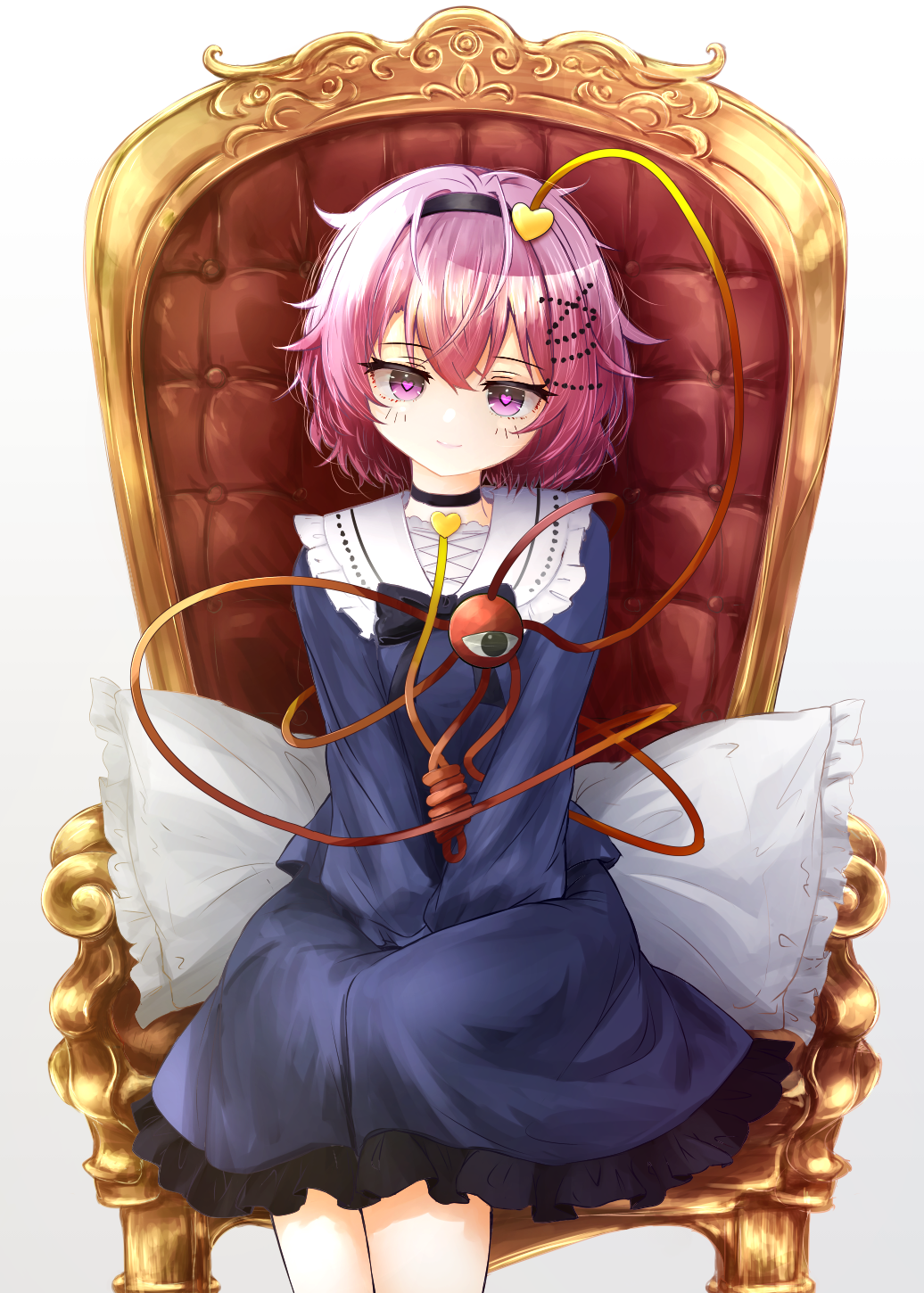 1girl, black_choker, black_hairband, blue_shirt, blue_skirt, chair, choker, closed_mouth