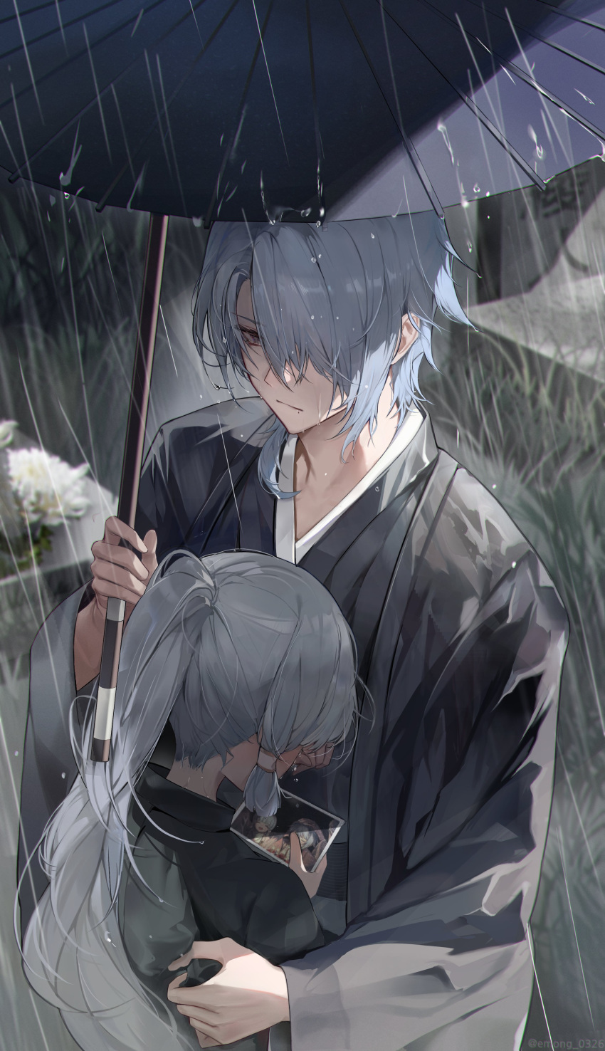1boy, 1girl, absurdres, emong, funeral, genshin_impact, grey_hair, hair_over_one_eye, hashtag-only_commentary, height_difference, highres, holding, holding_umbrella, hug, japanese_clothes, kamisato_ayaka, kamisato_ayato, kimono, long_hair, oil-paper_umbrella, photo_(object), ponytail, rain, short_hair, umbrella