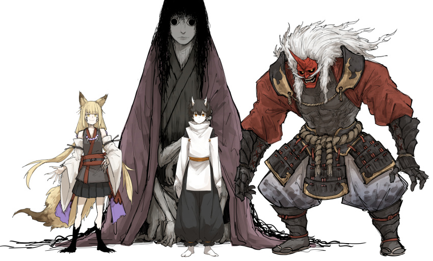 1girl, 1other, 2boys, armor, arms_at_sides, baggy_pants, bare_shoulders, black_hair, black_sclera, black_skirt, blank_stare, blonde_hair, blot_plot, blunt_bangs, closed_mouth, colored_extremities, colored_sclera, colored_skin, demon_boy, detached_sleeves, extra_arms, facial_hair, facial_mark, fingernails, fox_girl, fox_tail, full_body, gauntlets, grey_hair, highres, horns, japanese_armor, japanese_clothes, kankan33333, kei_(kankan33333), long_hair, long_mustache, looking_at_viewer, monk, monster, monster_boy, multiple_boys, mustache, orange_eyes, orange_sash, pale_skin, pants, red_skin, rope_belt, sandals, sharp_fingernails, short_hair, simple_background, single_horn, size_difference, skirt, smile, socks, standing, tabi, tail, teeth, tunic, white_background, white_sleeves, white_socks, white_tunic, wide-eyed, yellow_eyes