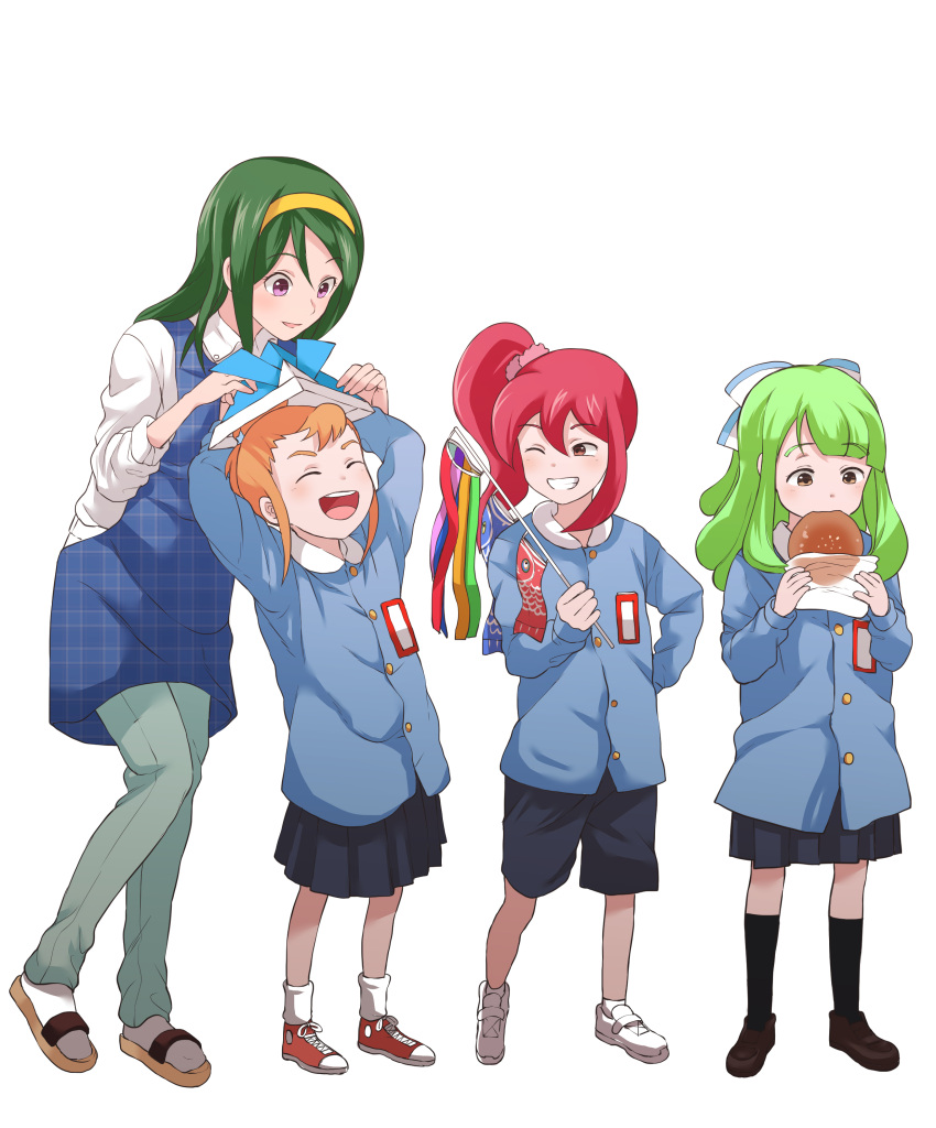 09012732821, 4girls, absurdres, aged_down, akehoshi_setsuka, anpan, apron, black_shorts