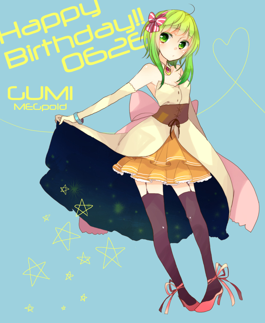 ahoge, bow, elbow_gloves, garter_straps, gloves, green_eyes, green_hair, gumi