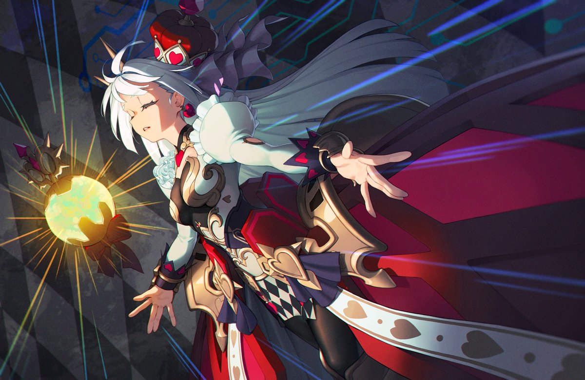 1girl, breasts, checkered_clothes, checkered_skirt, closed_eyes, cowboy_shot, crown, dress