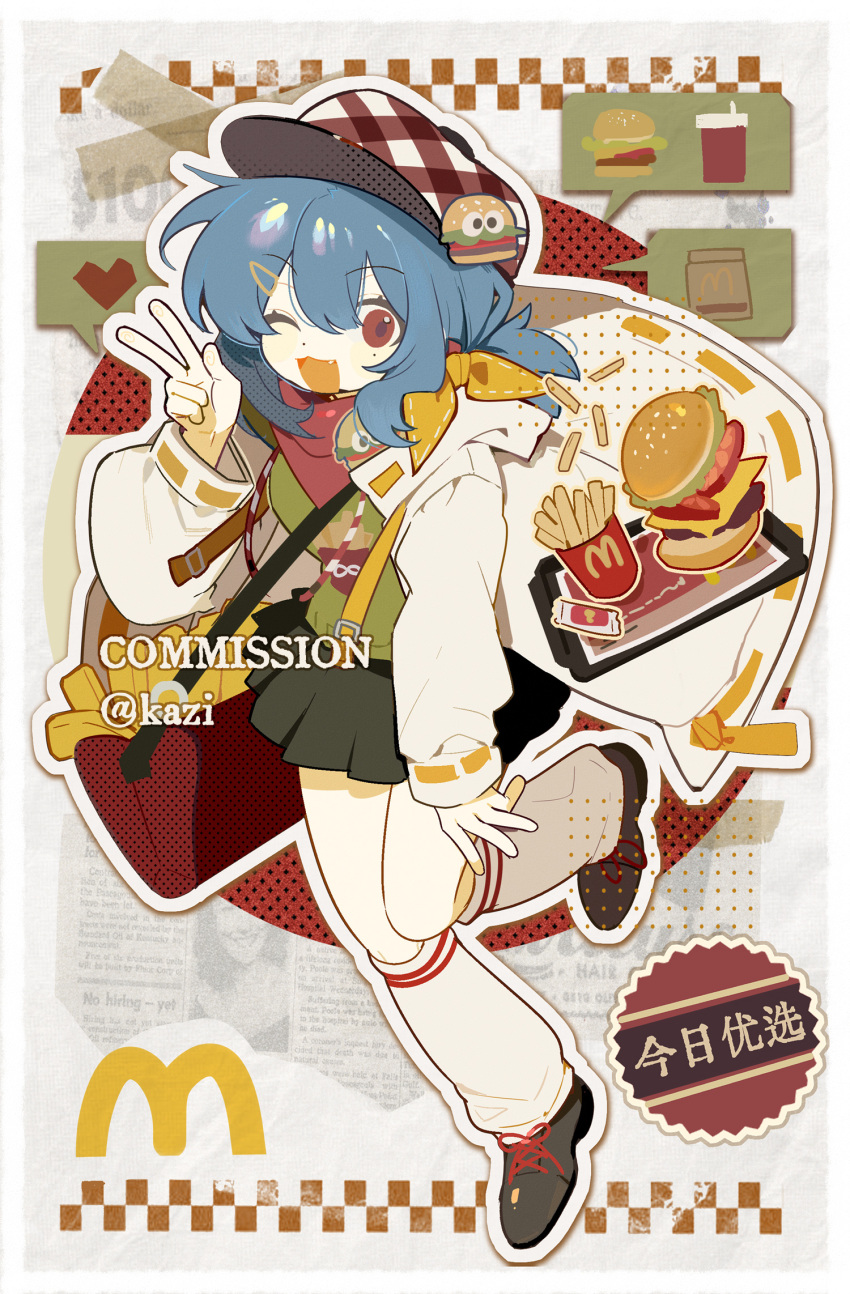 1girl, black_shoes, black_skirt, blue_hair, burger, burger_hair_ornament, coat, commentary