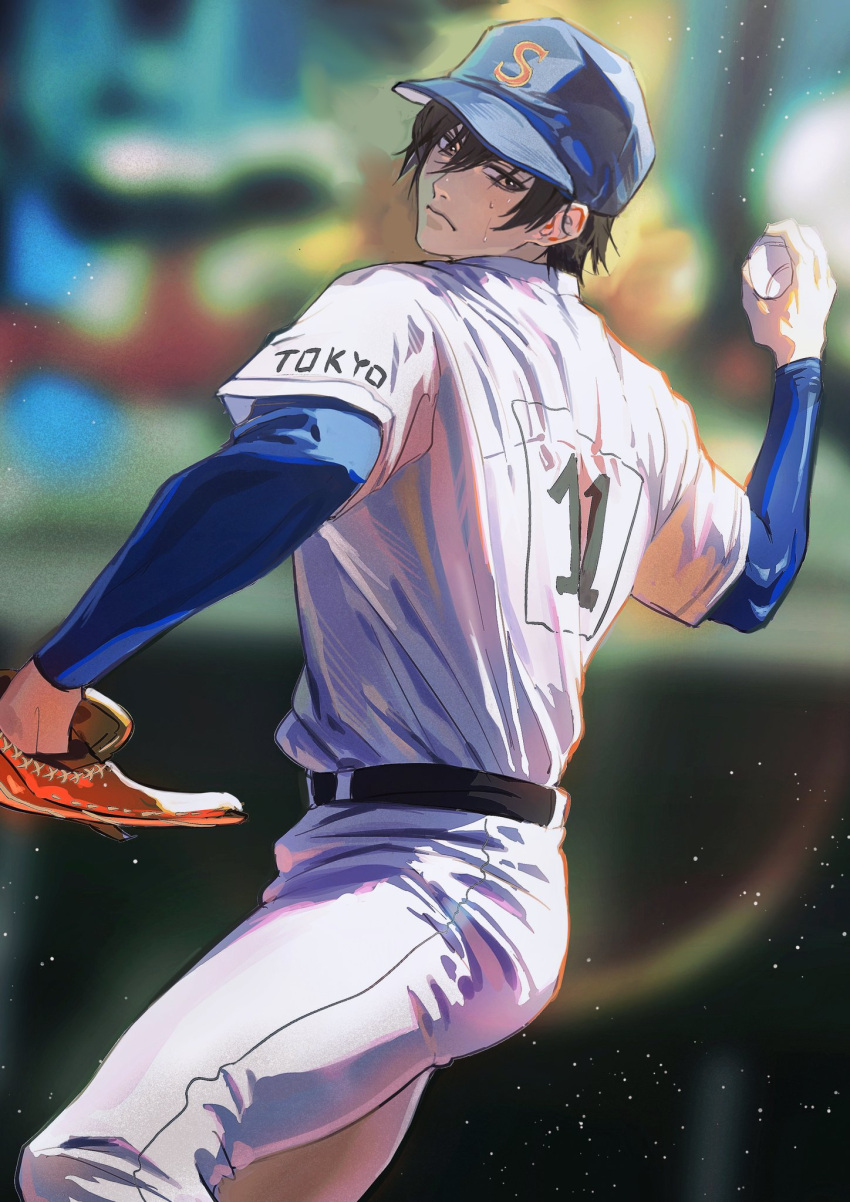 1boy, ace_of_diamond, ball, baseball, baseball_(object), baseball_cap, baseball_mitt, belt