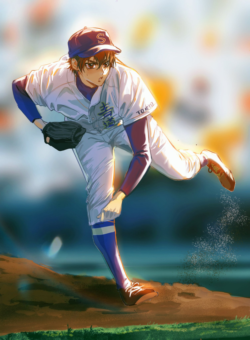 1boy, ace_of_diamond, baseball, baseball_cap, baseball_mitt, baseball_uniform, blue_pants, brown_eyes
