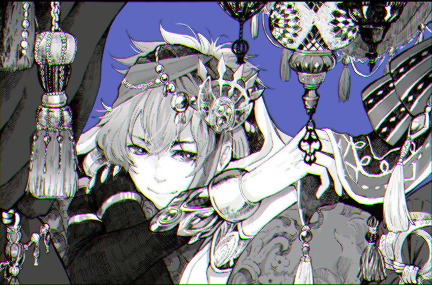 1boy, ali_baba_(grimms_notes), ali_baba_(shinsei)_(grimms_notes), bad_id, bad_pixiv_id, bandana, bare_shoulders, blue_background