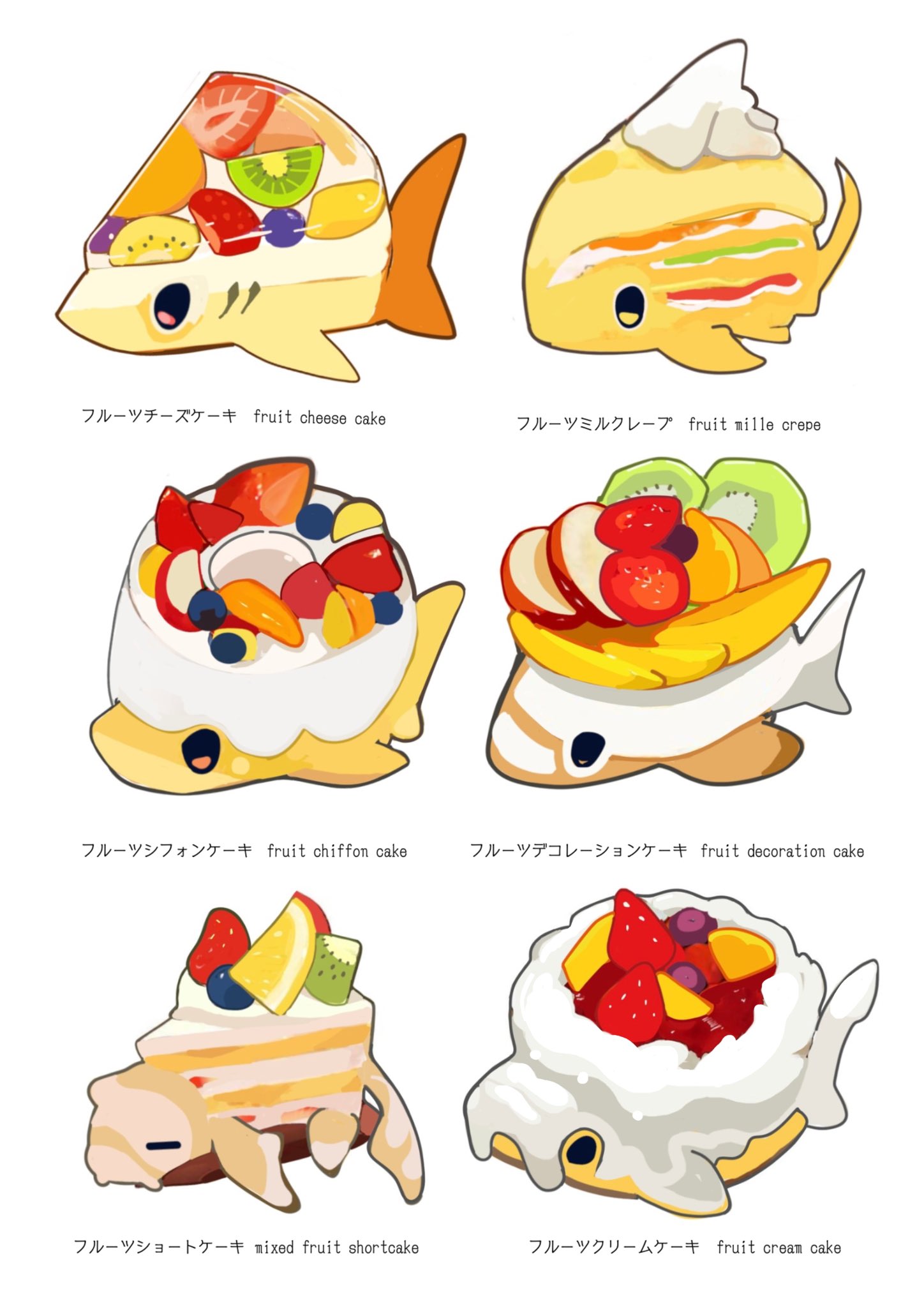 animal-themed_food, apple, apple_slice, blueberry, cheesecake, commentary, crepe, english_commentary
