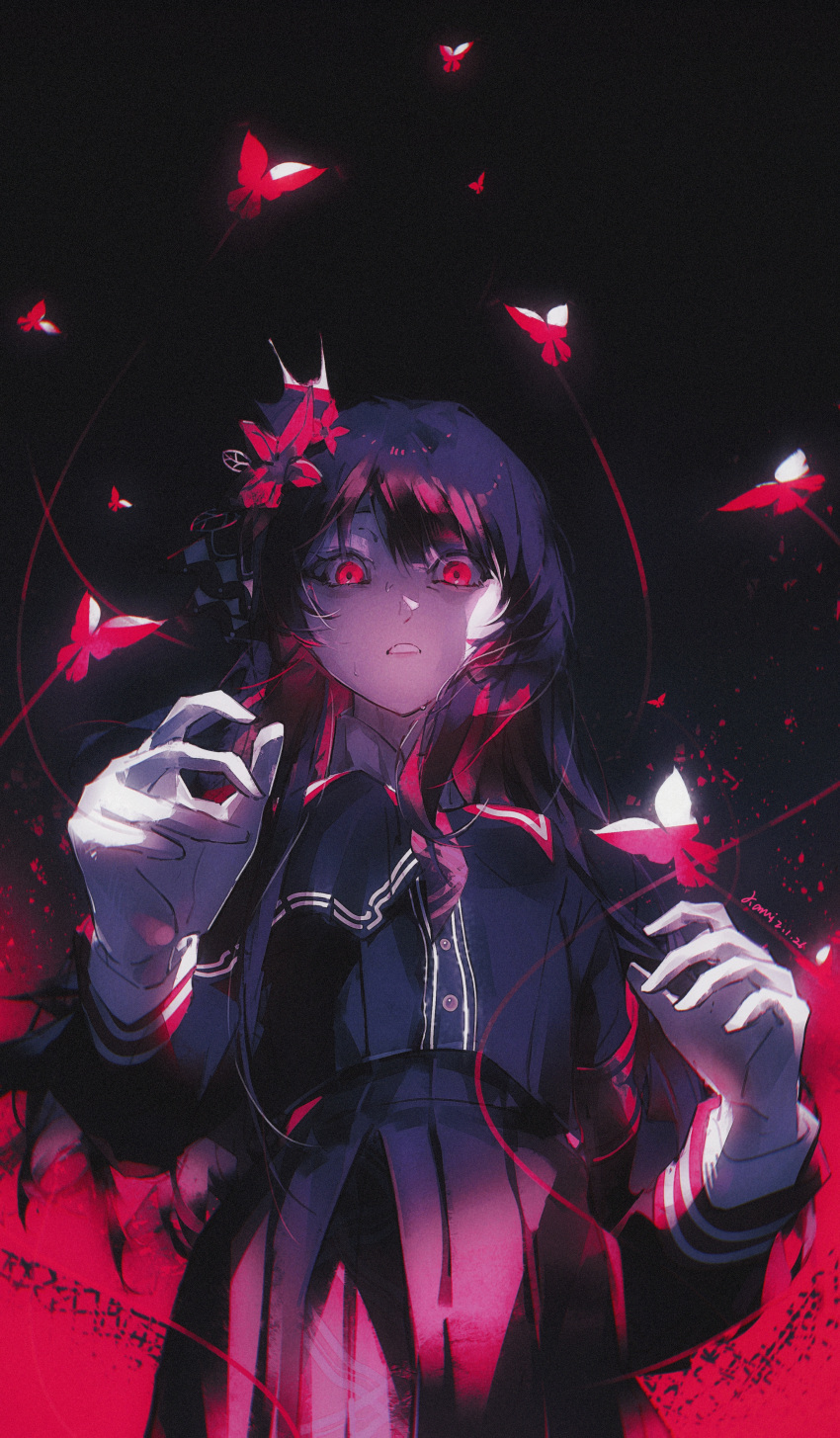 1girl, absurdres, black_hair, black_shirt, black_skirt, bug, butterfly, commentary_request