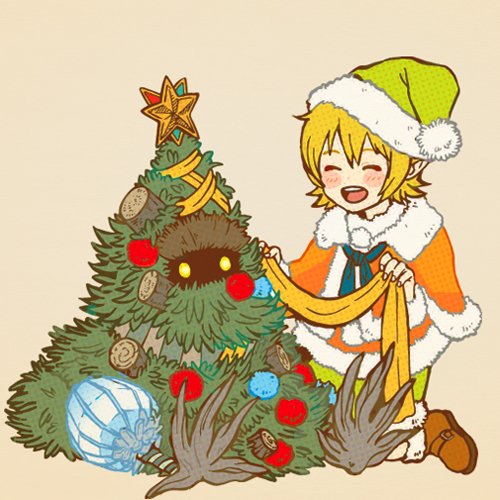 1boy, bad_id, bad_pixiv_id, blonde_hair, blue_ribbon, blush_stickers, brown_shoes, closed_eyes, dwarf_(grimms_notes), fir_tree, fir_tree_(grimms_notes), green_hat, grimms_notes, hat, holding, lowres, misoshiru_umai4, monster, open_mouth, ribbon, santa_hat, shoes, short_hair, simple_background, smile, star_(symbol), teeth, tree, upper_teeth_only