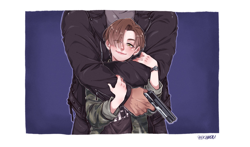 2boys, absurdres, arms_around_neck, artist_name, black_jacket, black_pants, black_shirt, blue_background