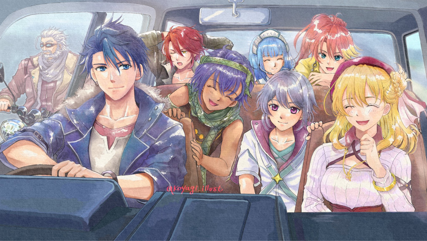 4boys, 4girls, aaron_wei, agnes_claudel, ahoge, bare_shoulders, beard, beret, bergard_zeman, blonde_hair, blue_eyes, blue_hair, blunt_bangs, bob_cut, bracelet, braid, bun_with_braided_base, car_interior, car_seat, cleavage_cutout, closed_eyes, closed_mouth, clothing_cutout, coat, collarbone, commentary_request, curtained_hair, double-parted_bangs, driving, earrings, eiyuu_densetsu, facial_hair, feri_al-fayed, full_beard, goggles, green_eyes, green_scarf, grey_hair, hair_between_eyes, hair_bun, hair_slicked_back, hat, headset, high_ponytail, highres, hime_cut, jewelry, judith_lanster, kai_no_kiseki, koyagistock, kuro_no_kiseki_(series), long_hair, long_sleeves, maid_headdress, motor_vehicle, motorcycle, multicolored_hair, multiple_boys, multiple_girls, necklace, on_motorcycle, open_mouth, parted_bangs, pink_hair, ponytail, quatre_salision, rear-view_mirror, red_hair, red_hat, ribbed_sweater, right-hand_drive, risette_twinings, scarf, short_hair, short_sleeves, sidelocks, single_earring, single_side_bun, sitting, sleeveless, smile, steering_wheel, streaked_hair, sweater, twitter_username, upper_body, van_arkride, vehicle_interior, violet_eyes, white_hair, yellow_eyes